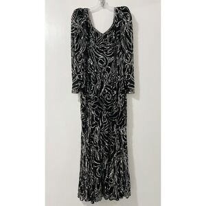 Vintage Black Silver Sequin Maxi Gown Formal Dress Long Sleeve Puff Shoulder